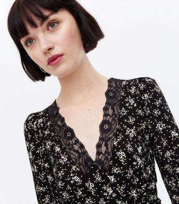 Black Floral Lace Trim V Neck Midi Dress | New Look