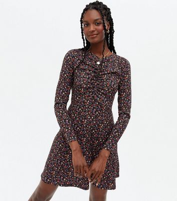 Black Floral Jersey Ruched Mini Dress