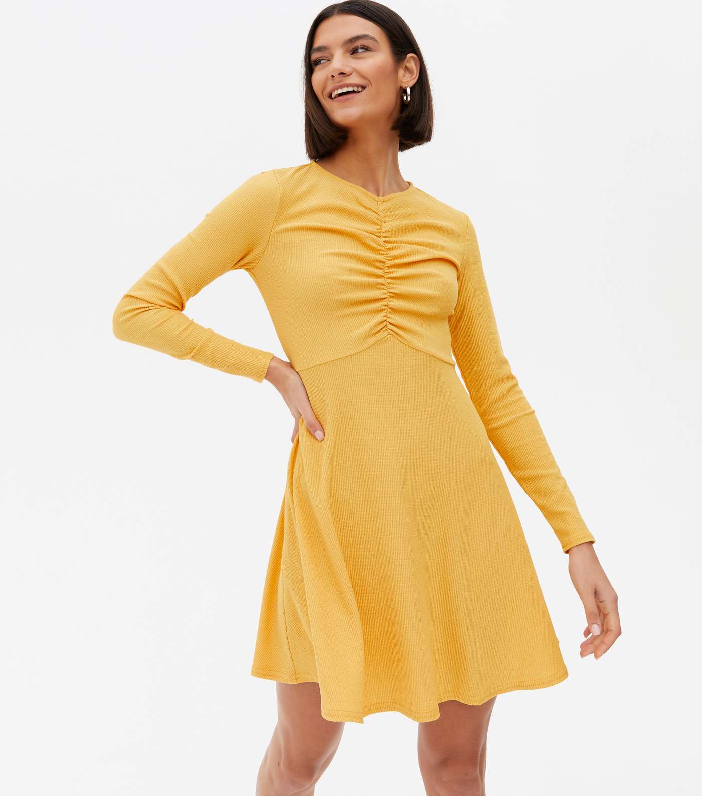 Mustard Crinkle Jersey Ruched Mini Dress