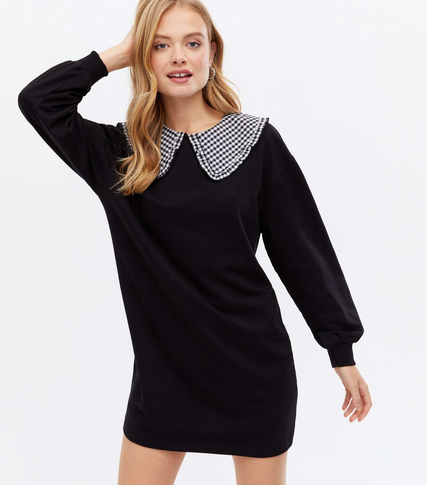 Black Gingham Collar Mini Sweatshirt Dress