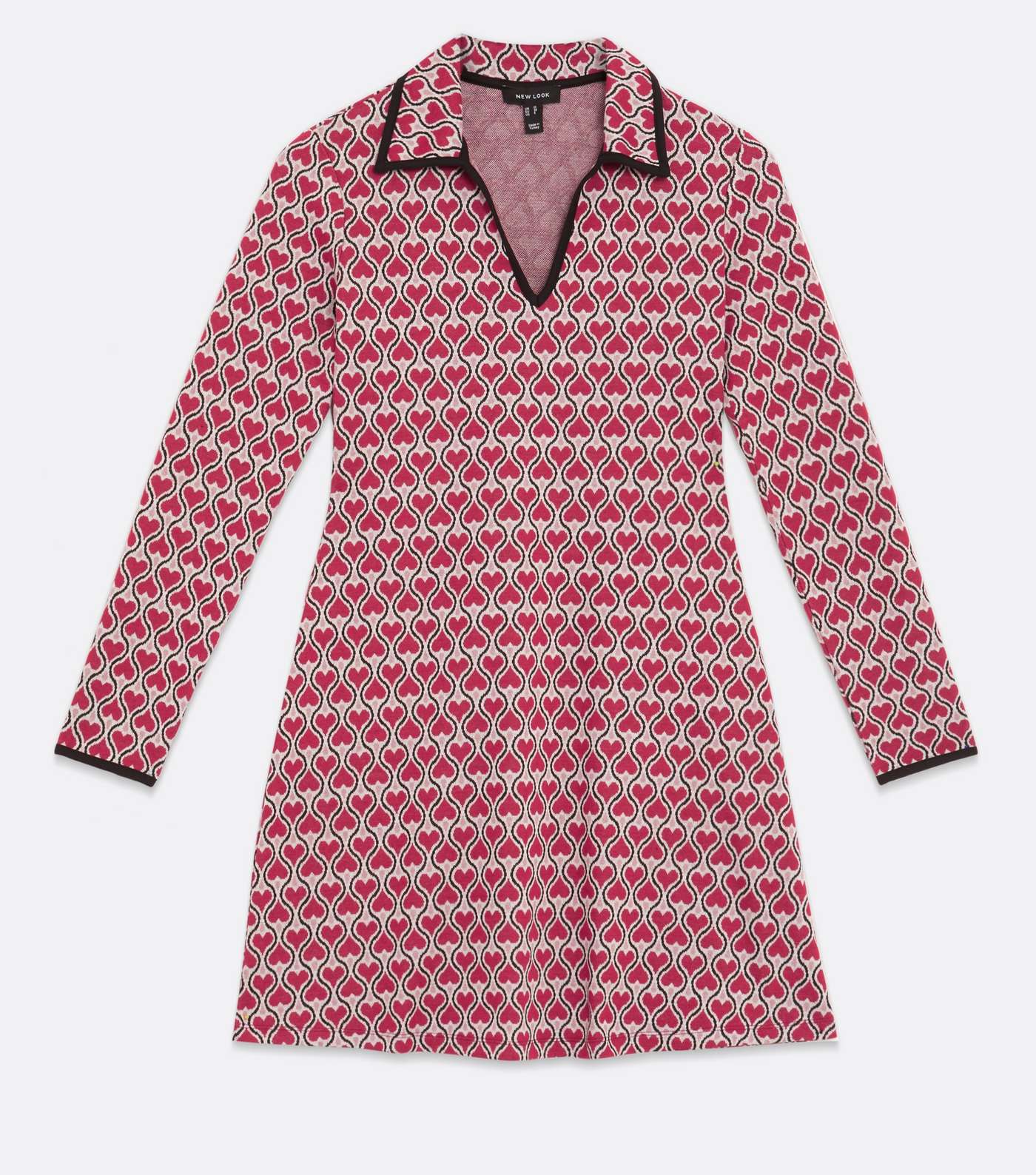 Pink Jacquard Heart Collared Long Sleeve Mini Dress Image 5