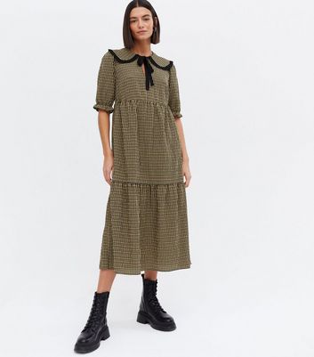 Brown Check Frill Collar Tiered Midi Dress