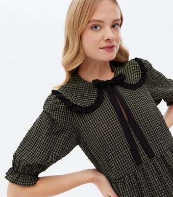 Khaki Check Frill Collar Tiered Midi Dress New Look