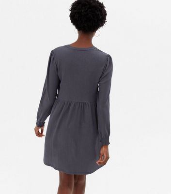 Dark Grey Crinkle Jersey Long Sleeve Mini Smock Dress New Look