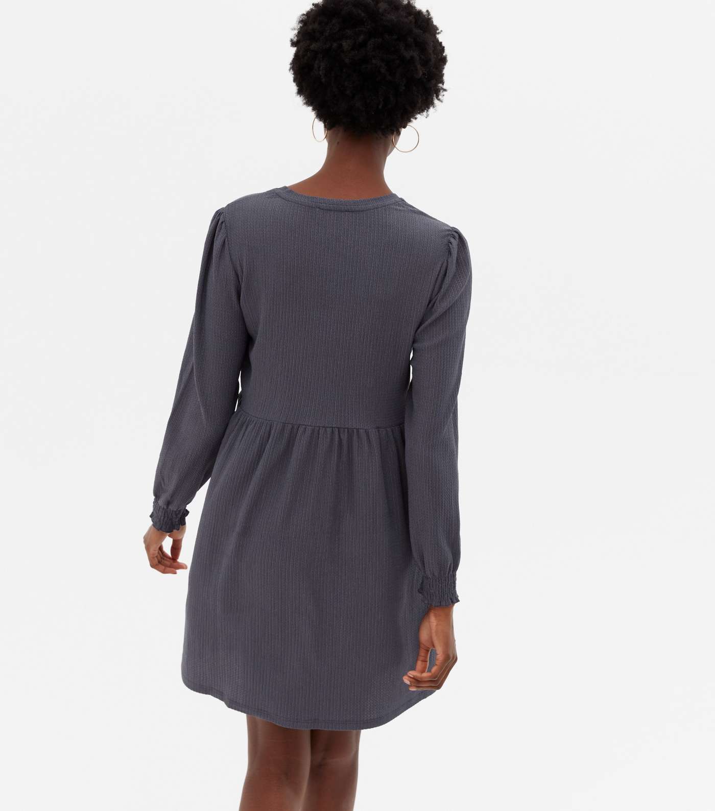Dark Grey Crinkle Jersey Long Sleeve Mini Smock Dress Image 4