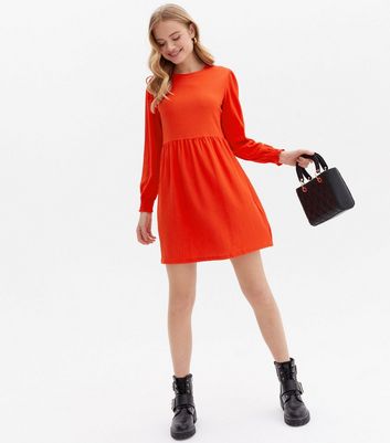 Red Crinkle Jersey Long Sleeve Mini Smock Dress New Look