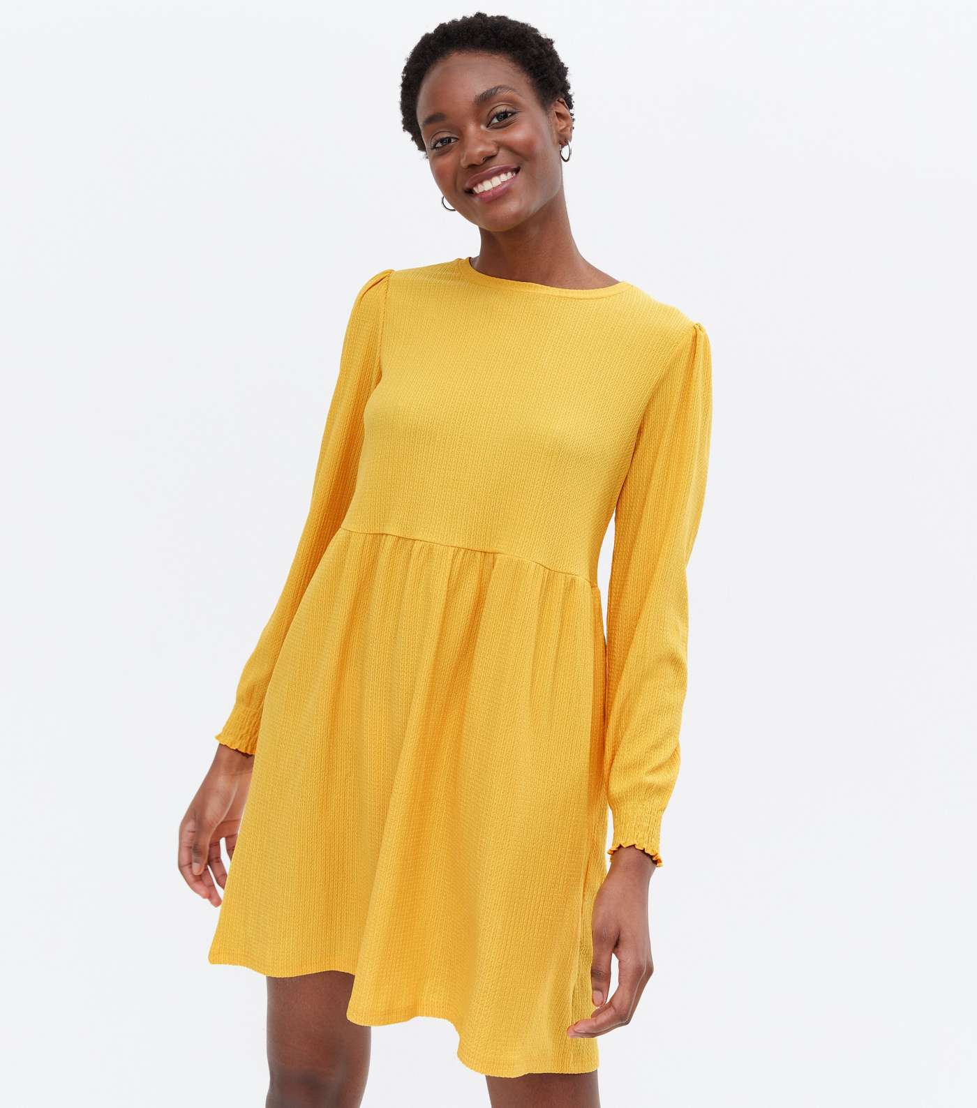 Mustard Crinkle Jersey Long Sleeve Mini Smock Dress