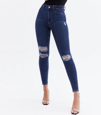 Click to view product details and reviews for Blue Rinse Wash Ripped Knee High Waist Hallie Super Skinny Jeans New Look.