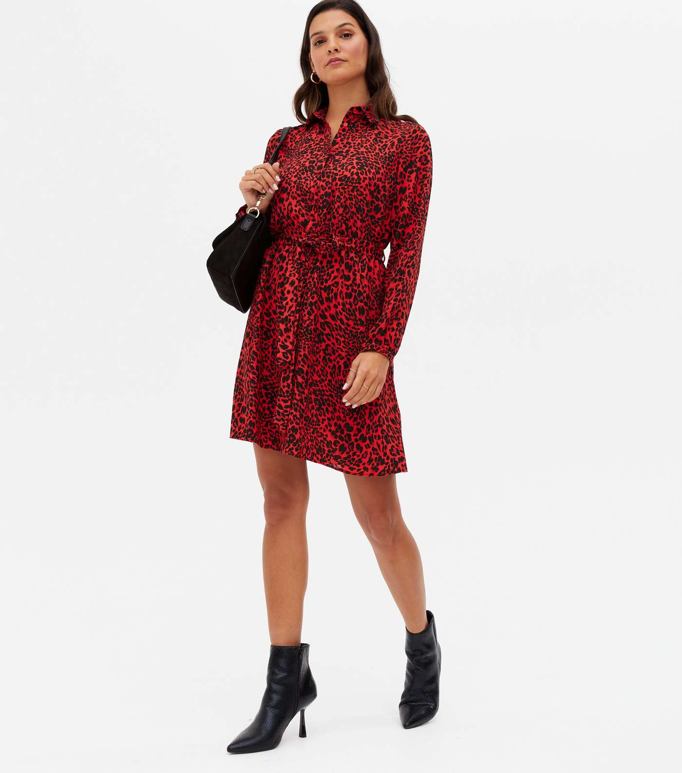 Red Leopard Print Belted Mini Shirt Dress