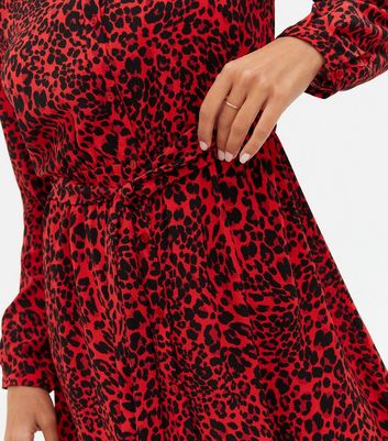 RED LEOPARD ANIMAL PRINT BUTTON BELTED MIDI SHIRT DRESS SIZES 10-18 NEW LOOK 