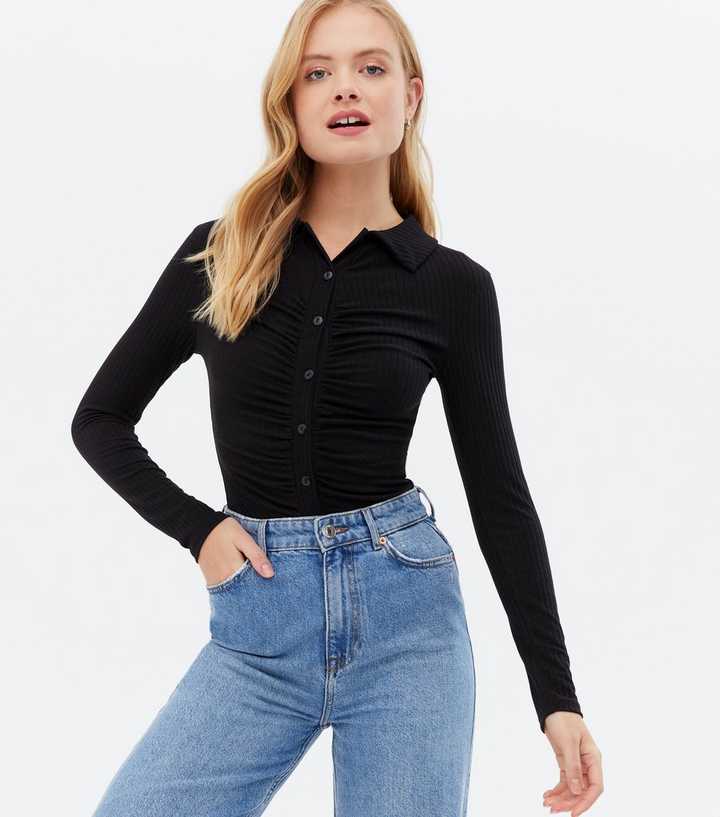 Black Ruched Collared Long Sleeve Bodysuit