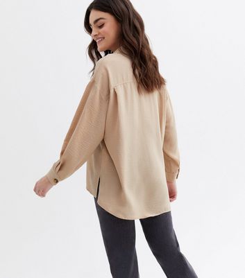 Camel Pocket Front Long Sleeve Oversized Shirt New Look