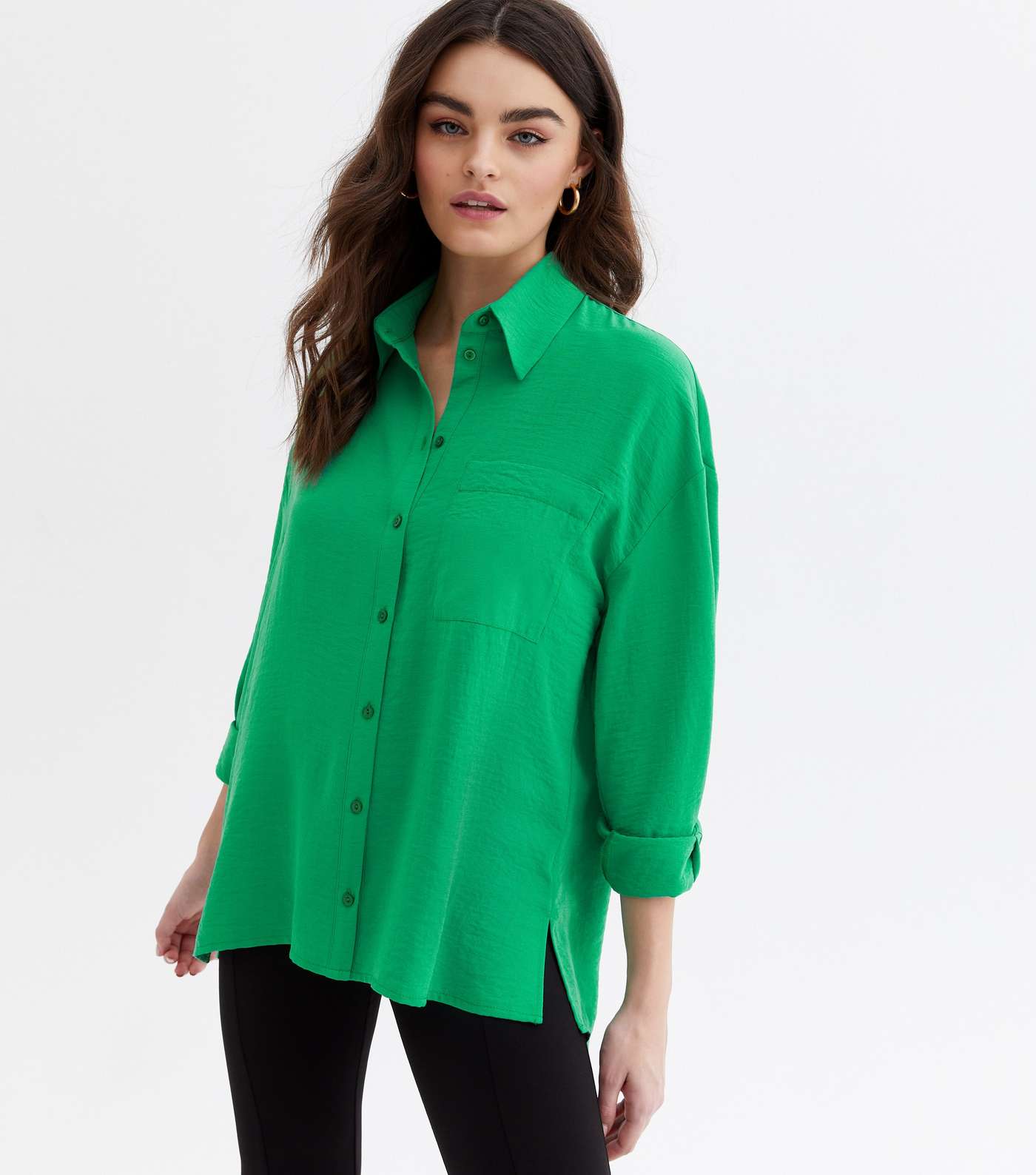 Green Pocket Front Long Sleeve Oversized Shirt