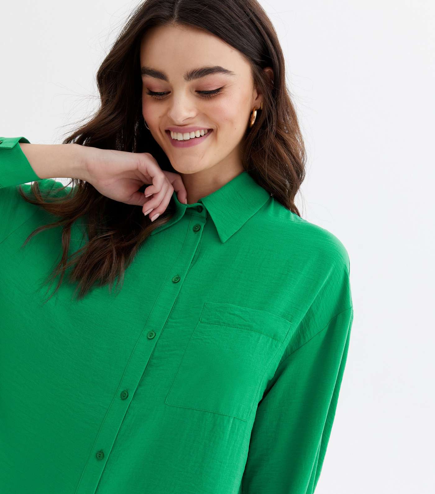 Green Pocket Front Long Sleeve Oversized Shirt Image 3