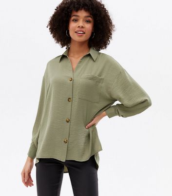 Olive Pocket Front Long Sleeve Oversized Shirt New Look