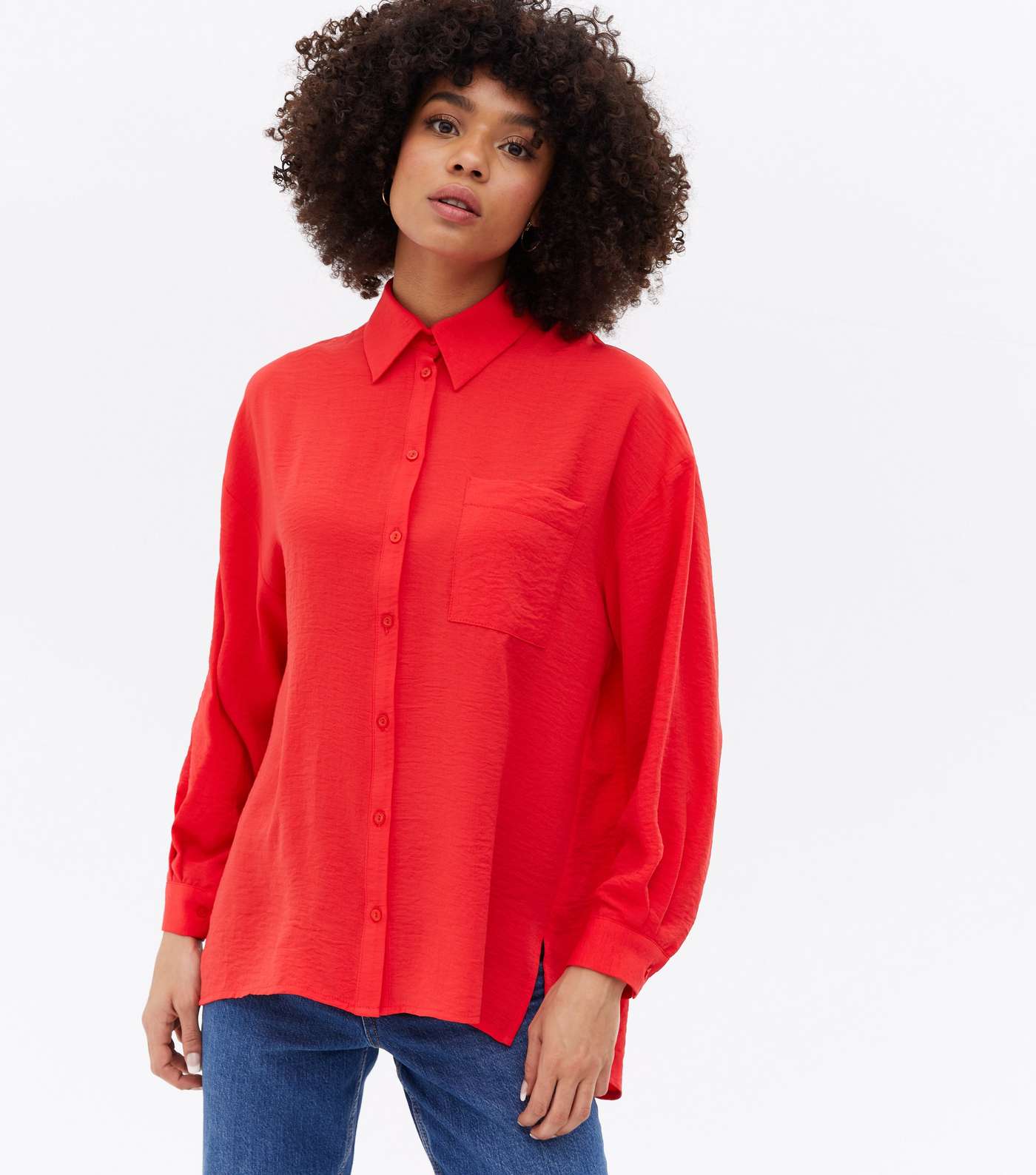 Red Pocket Front Long Sleeve Oversized Shirt