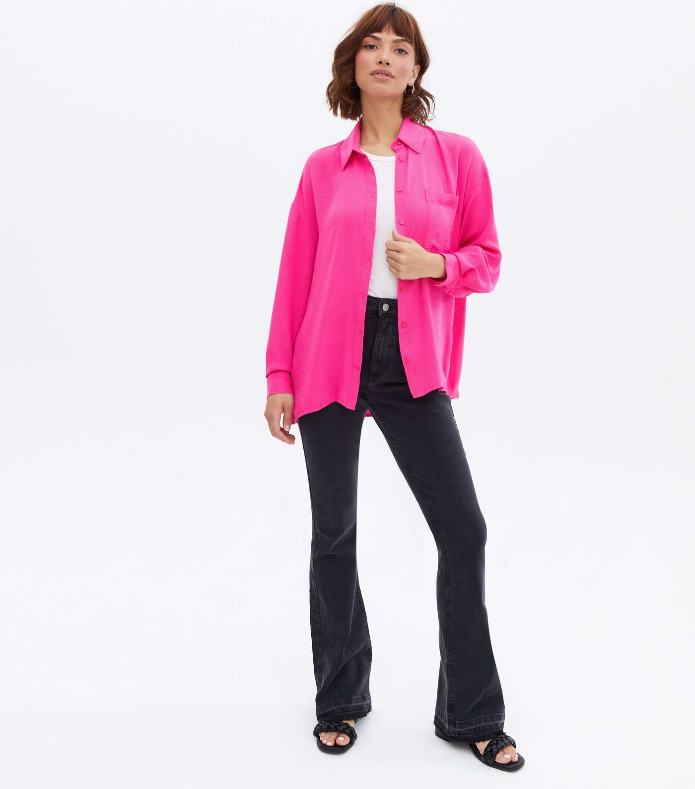 Bright Pink Pocket Front Long Sleeve Oversized Shirt Image 2
