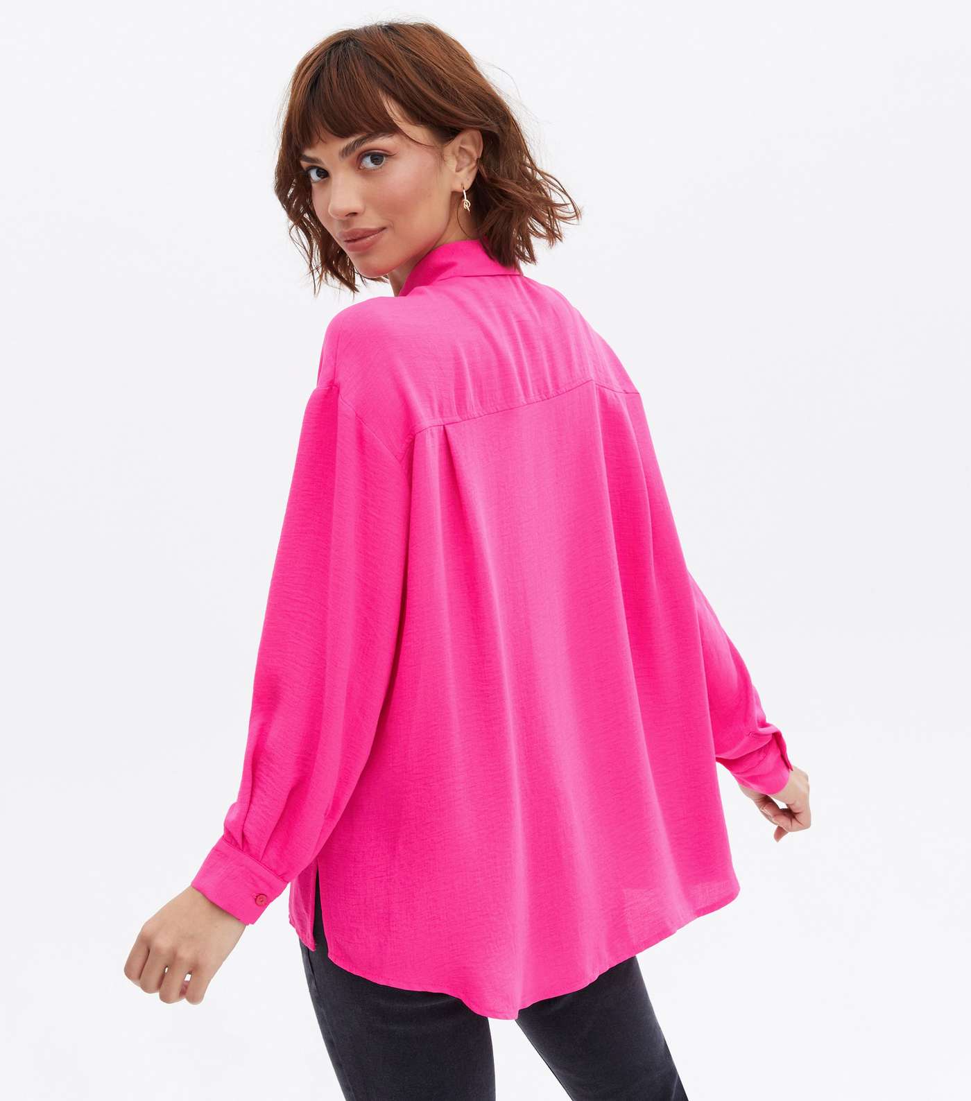 Bright Pink Pocket Front Long Sleeve Oversized Shirt Image 4