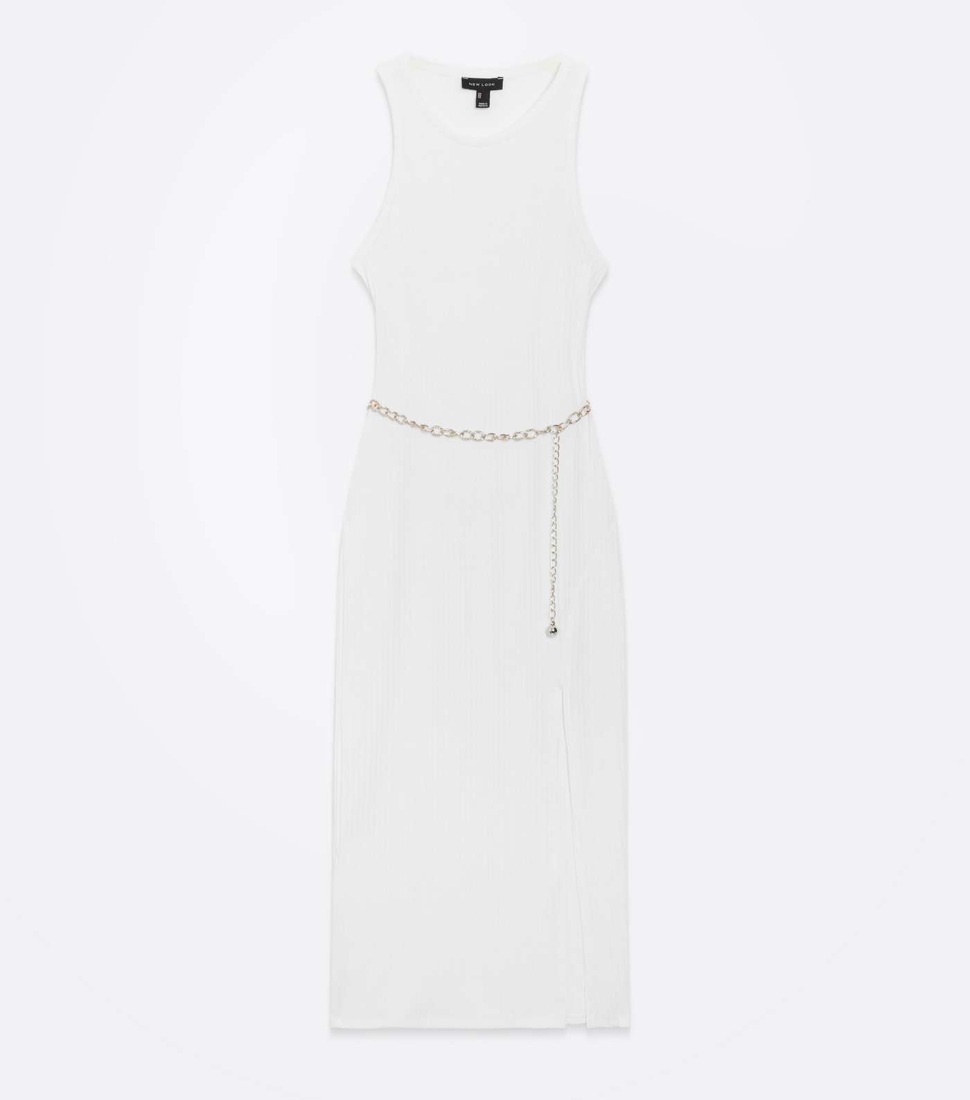 White Ribbed Chain Belted Split Midi Dress Image 5