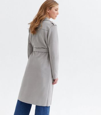 Pale Grey Suedette Belted Long Jacket New Look