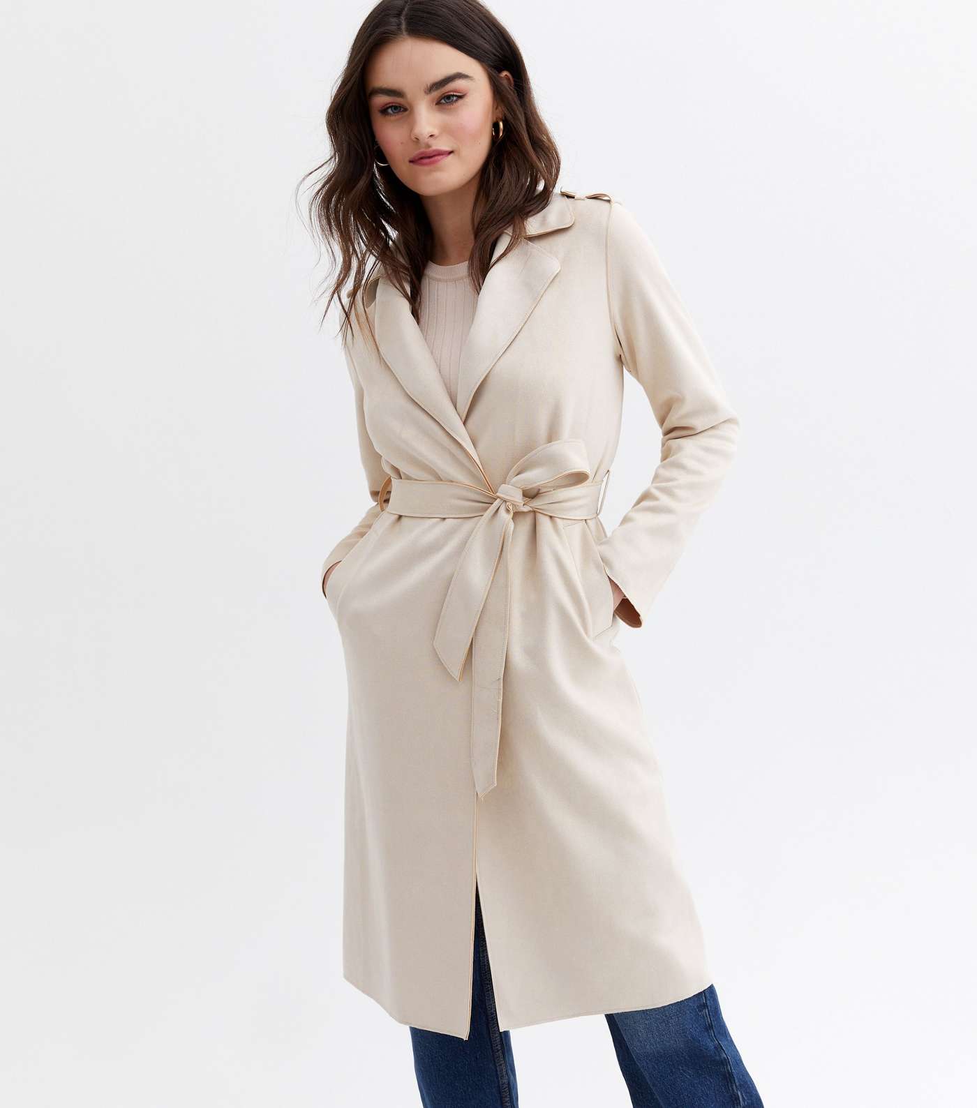 Stone Suedette Belted Long Jacket
