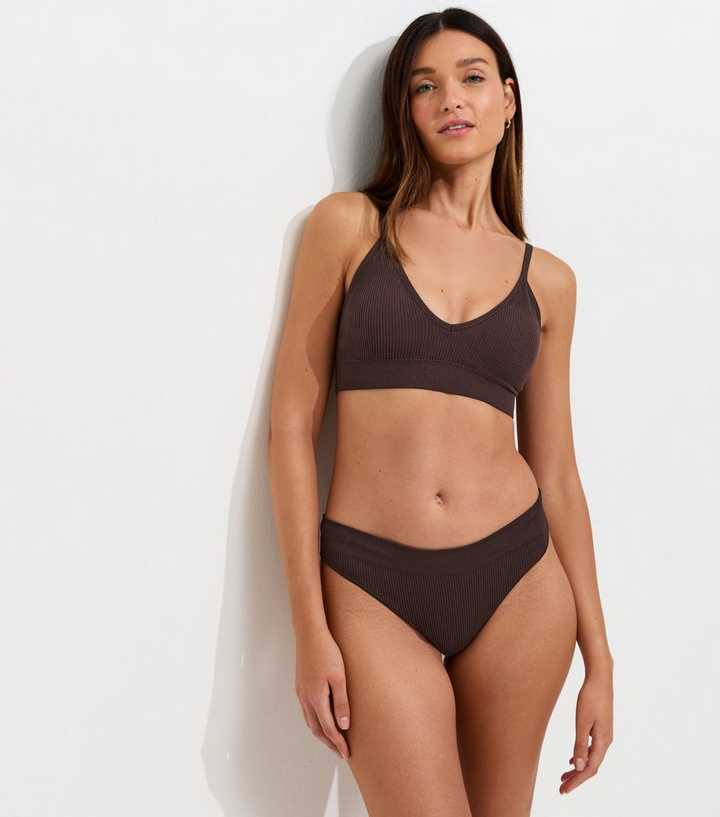Brown Seamless Ribbed Thong