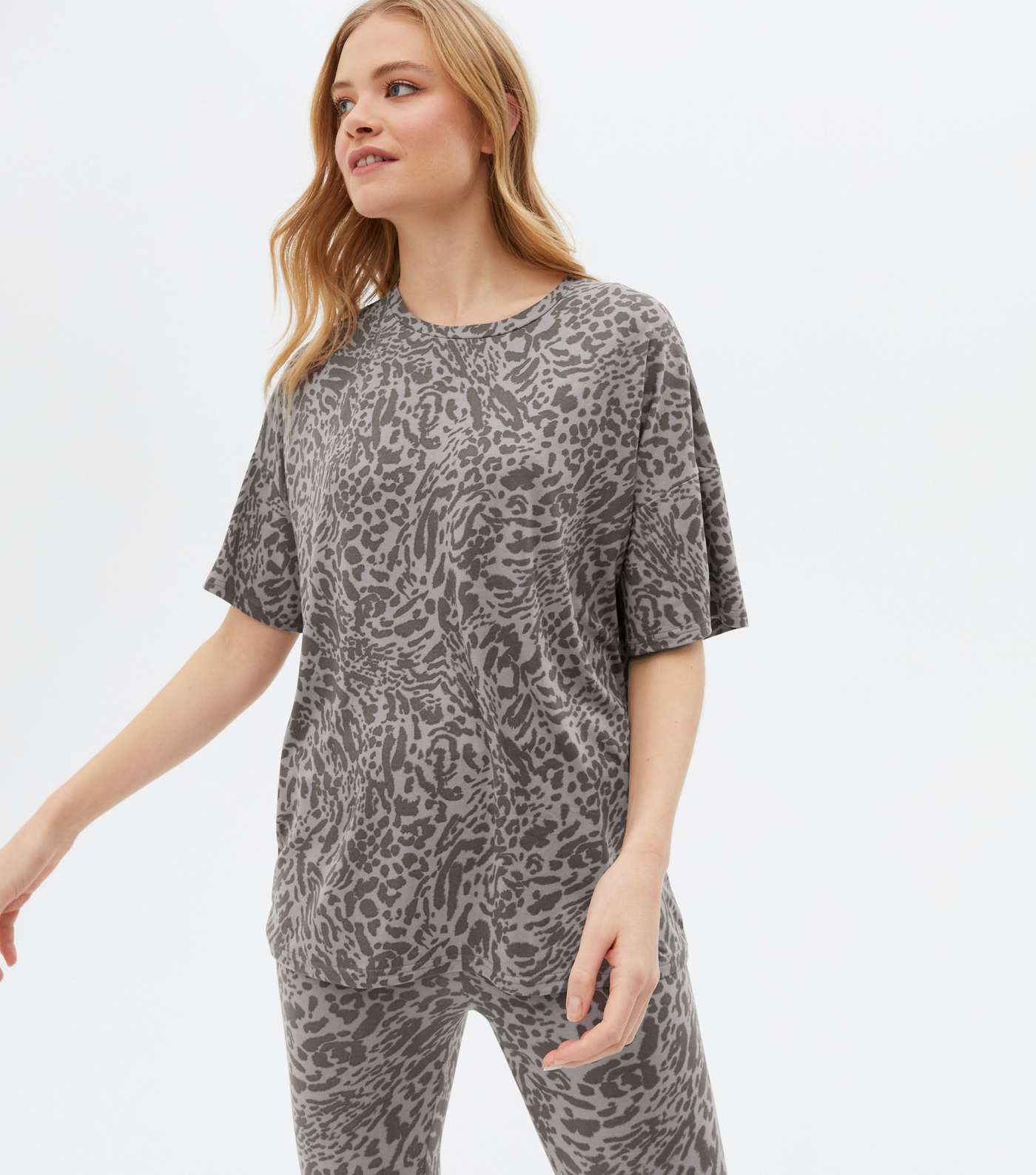 Grey Soft Touch Legging Pyjama Set with Animal Print Image 2
