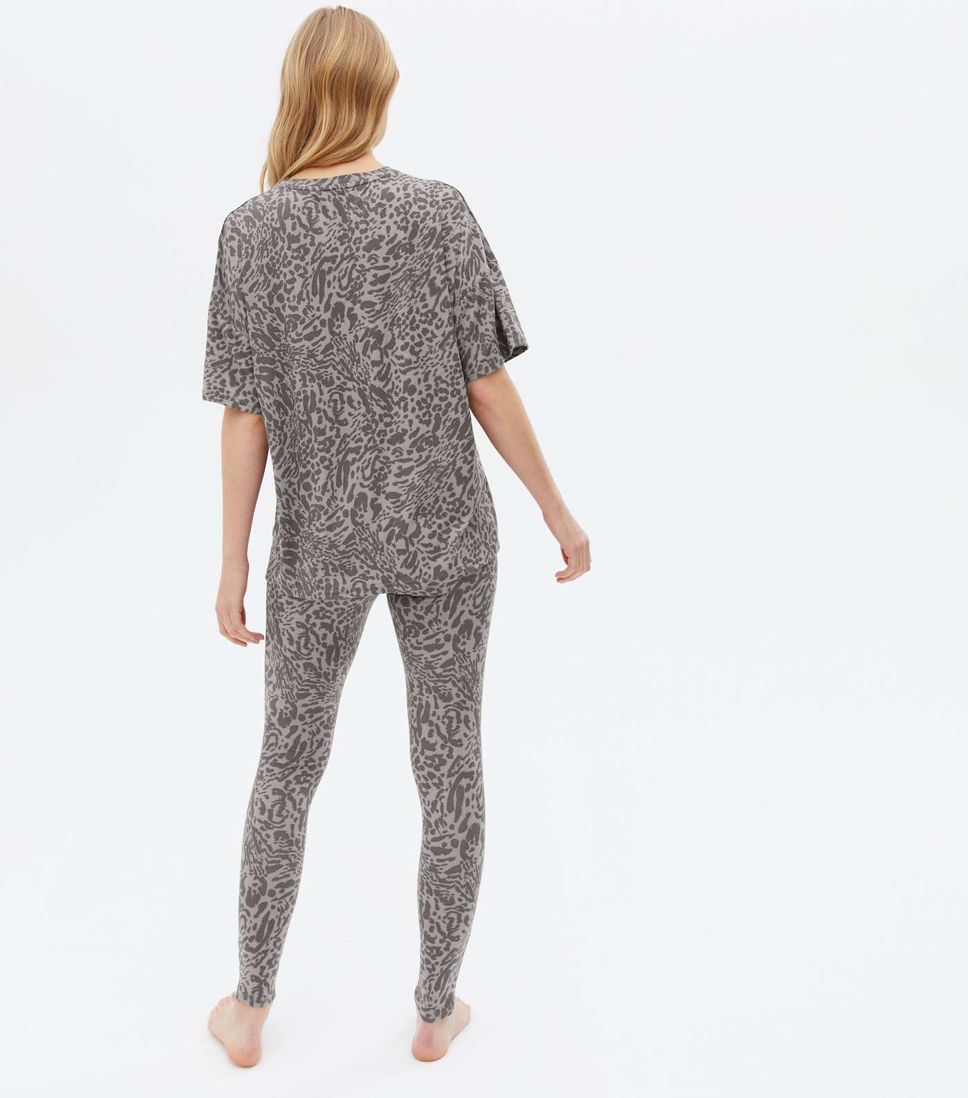 Grey Soft Touch Legging Pyjama Set with Animal Print Image 4