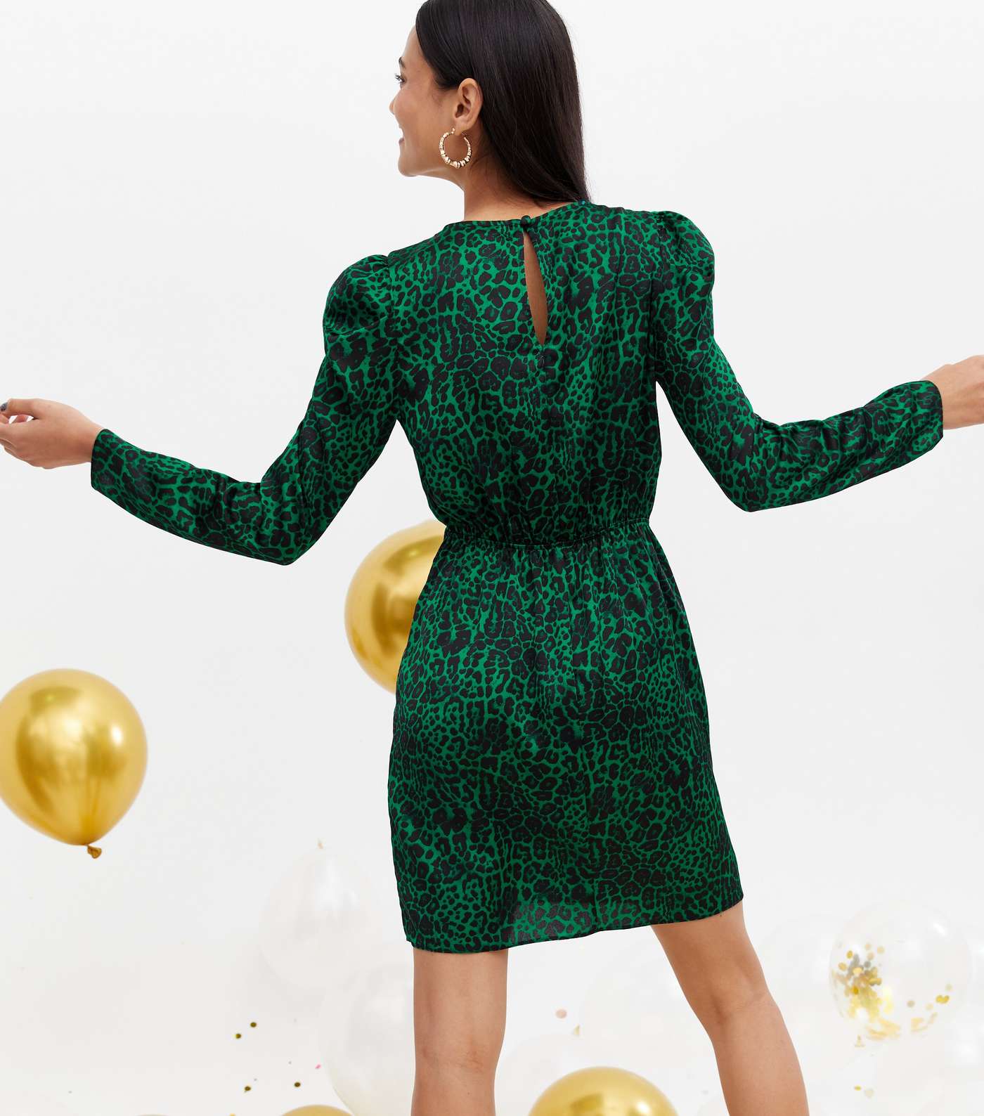 Green Leopard Print Puff Sleeve Mini Dress Image 4