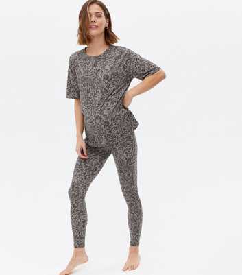 Maternity Grey Soft Touch Legging Pyjama Set with Animal Print
