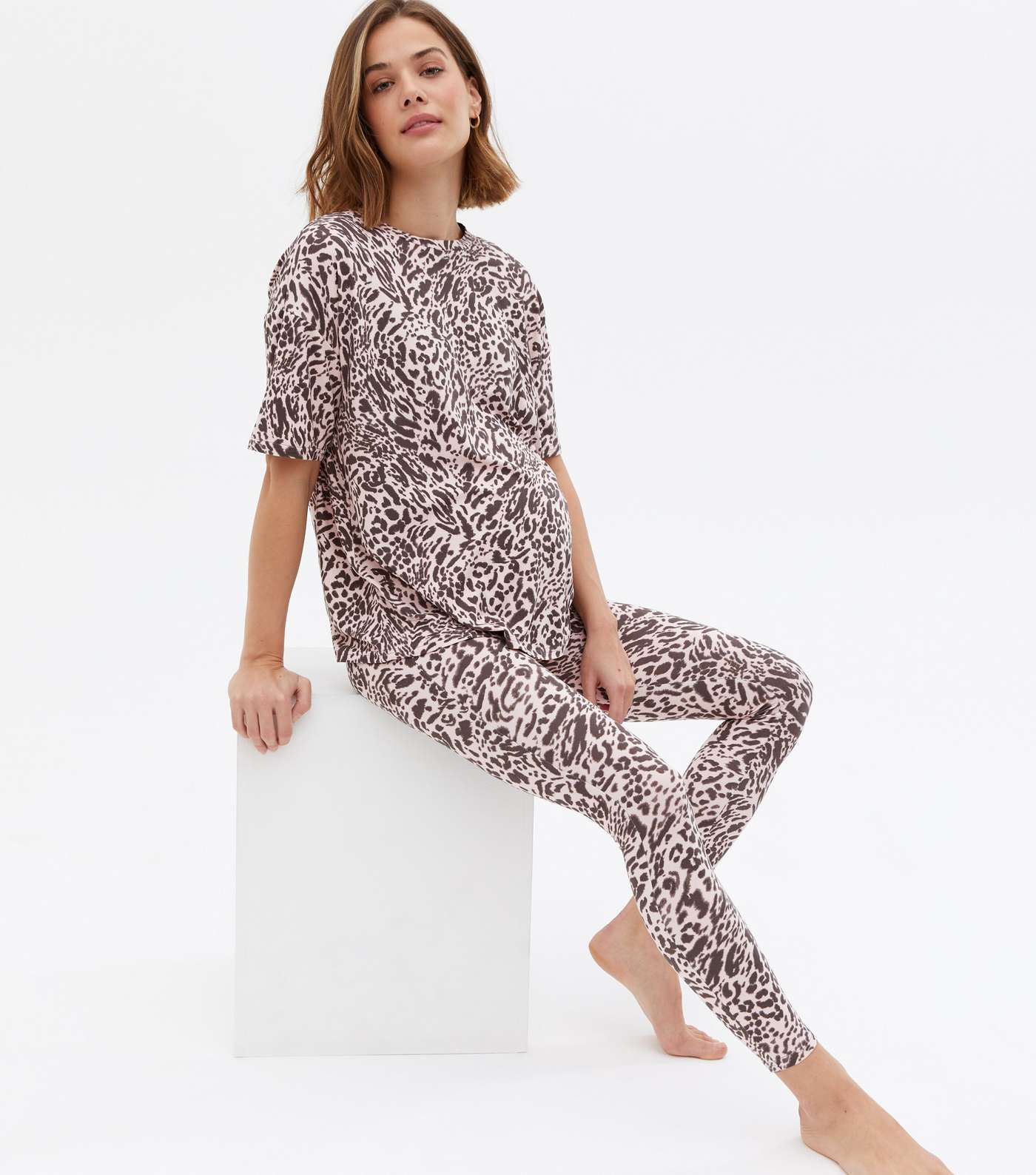 Maternity Pink Soft Touch Legging Pyjama Set with Animal Print
