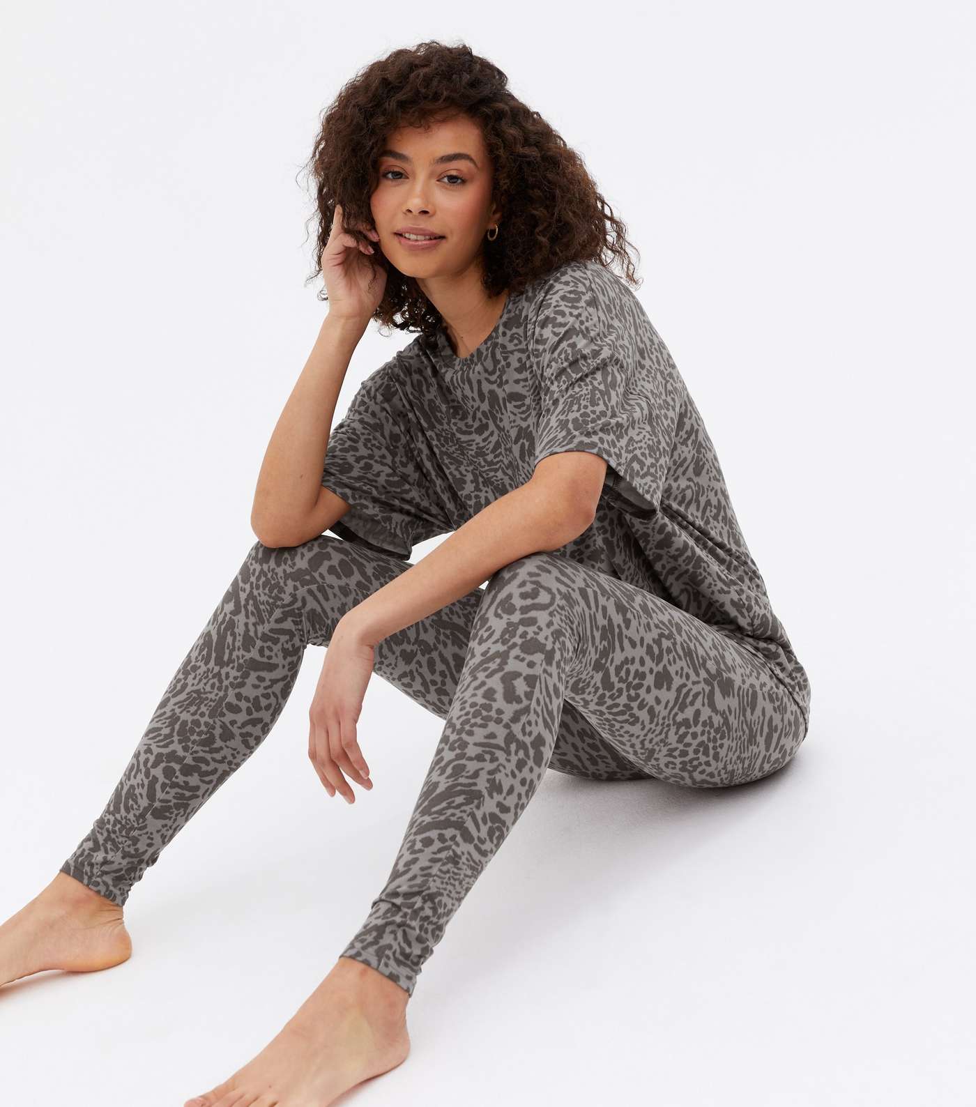 Tall Grey Soft Touch Legging Pyjama Set with Animal Print