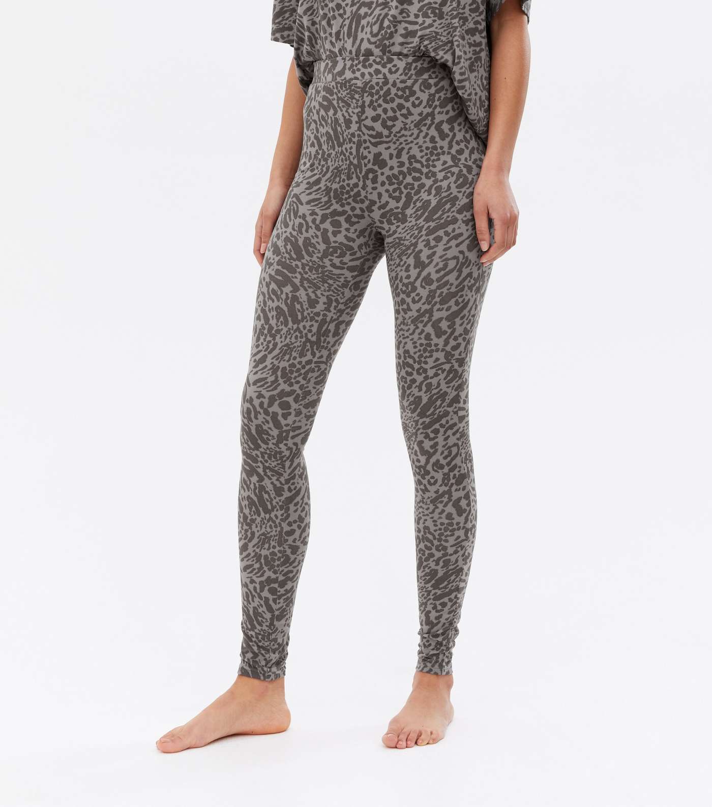 Tall Grey Soft Touch Legging Pyjama Set with Animal Print Image 3