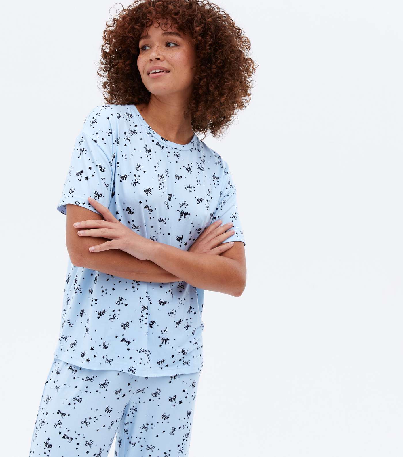 Blue Soft Touch Trouser Pyjama Set with Bow Print Image 2