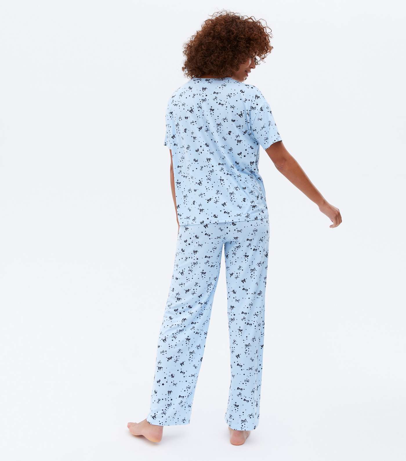 Blue Soft Touch Trouser Pyjama Set with Bow Print Image 4