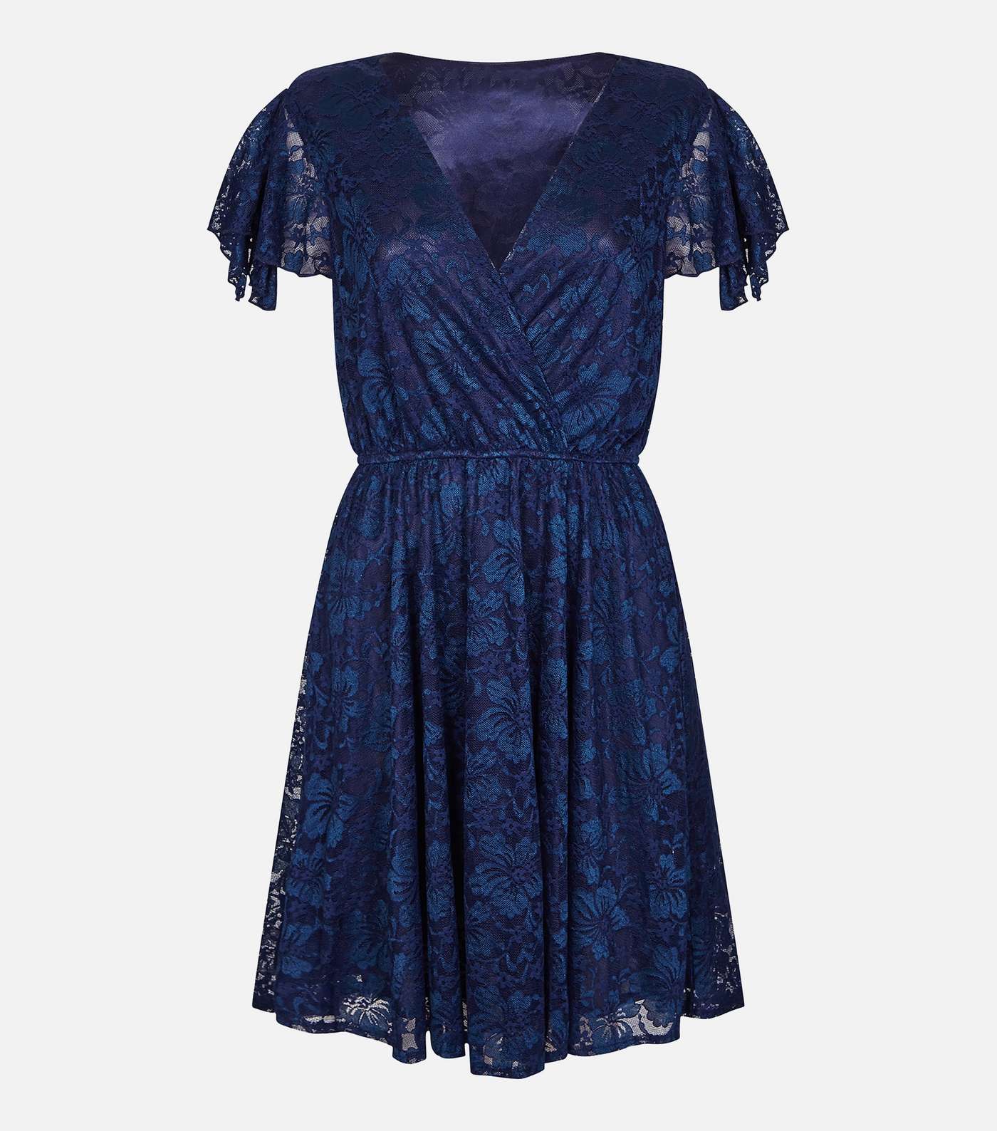 Mela Curves Navy Lace Flutter Sleeve Mini Wrap Dress Image 3