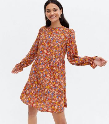 Red Floral Long Sleeve Mini Oversized Smock Dress