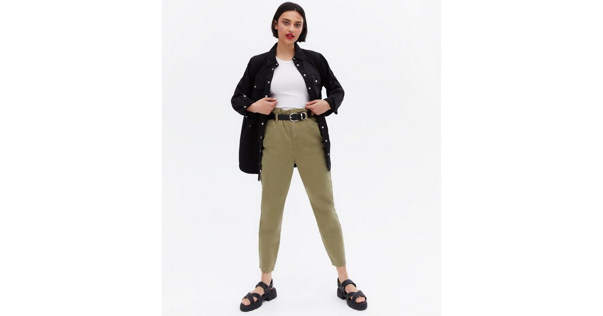 Khaki Paperbag High Waist Dayna Tapered Jeans | New Look