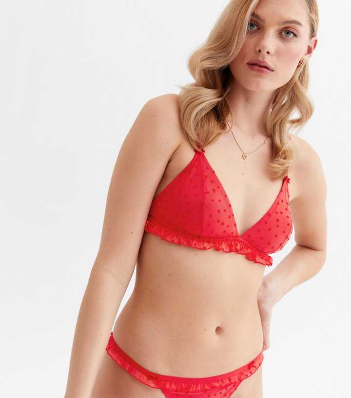 Red Flocked Heart Frill Bralette