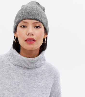 PIECES Grey Knit Faux Pearl Beanie
