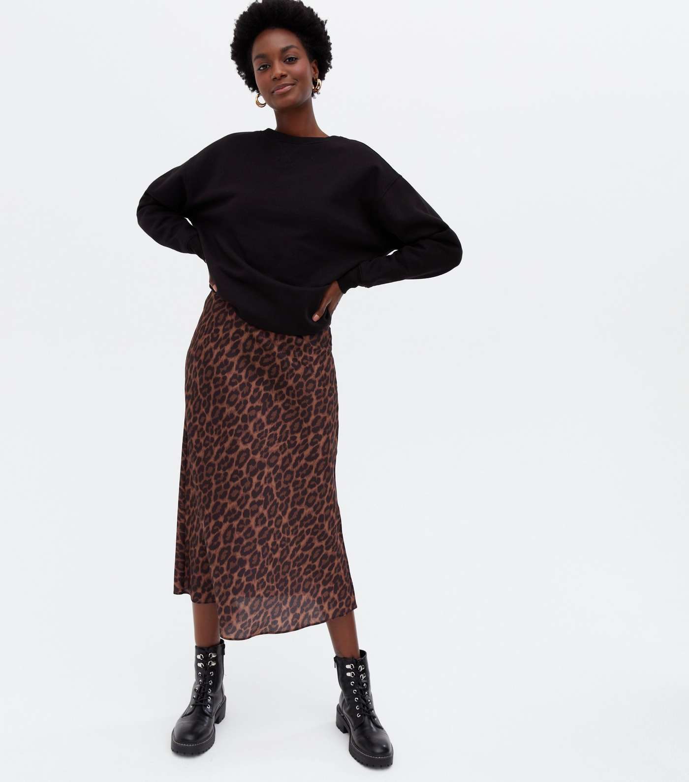 Brown Leopard Print Satin Bias Cut Midi Skirt