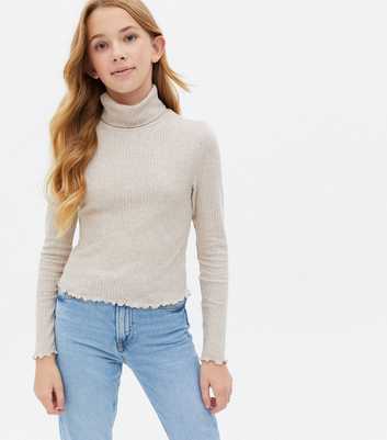 Girls Cream Fine Knit Frill Roll Neck Top