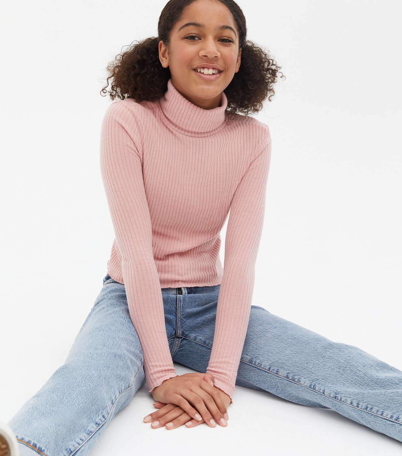 Girls Pale Pink Fine Knit Frill Roll Neck Top