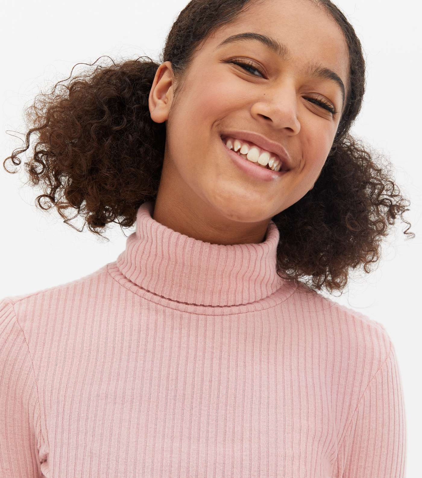 Girls Pale Pink Fine Knit Frill Roll Neck Top Image 3