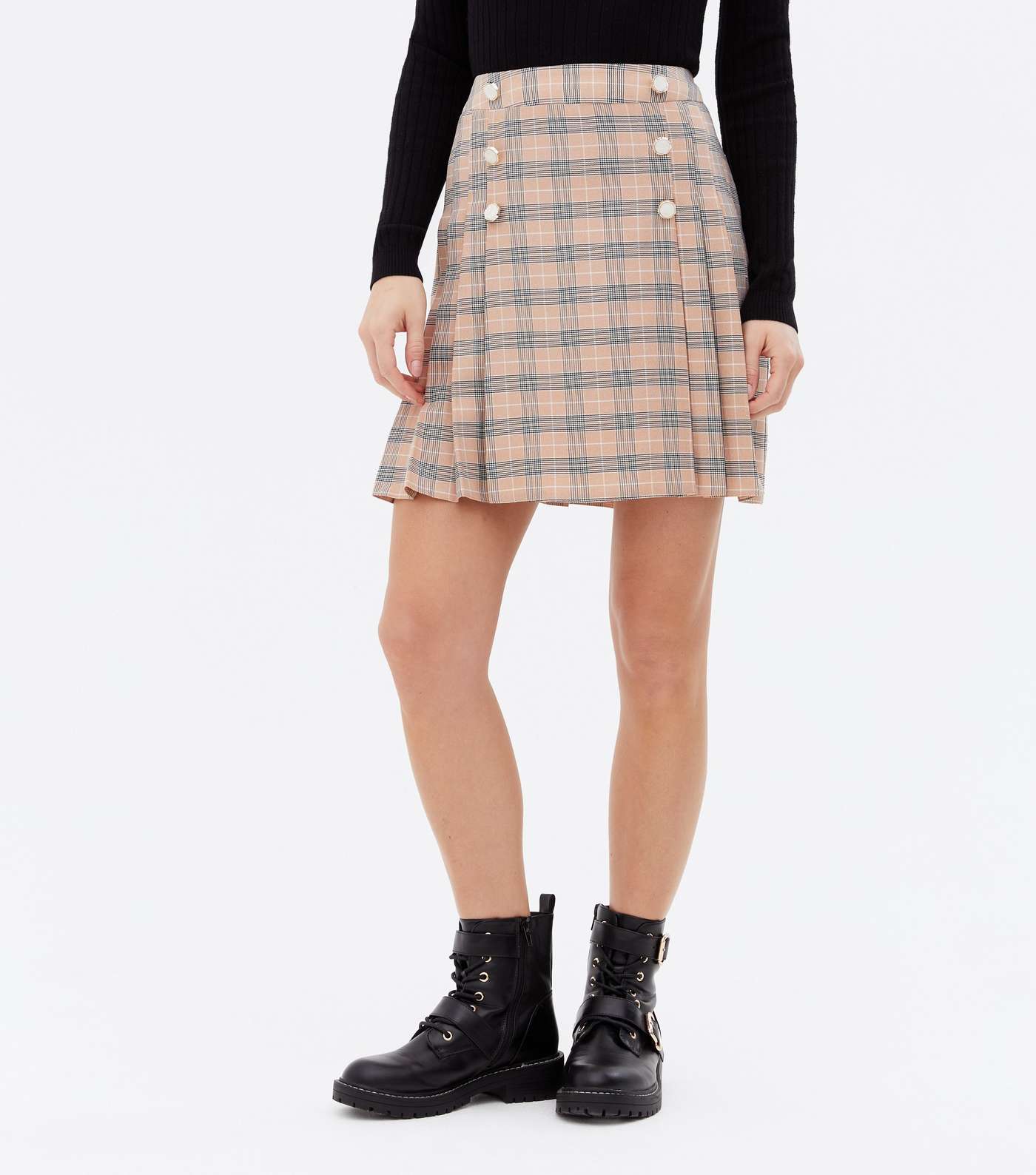 Brown Check Button Front Mini Tennis Skirt Image 2