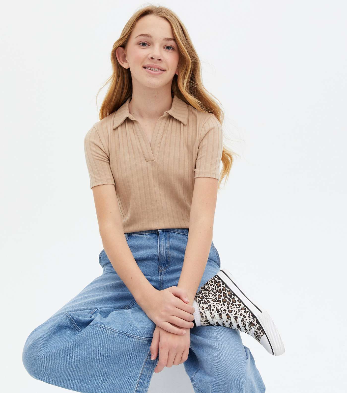 Girls Camel Ribbed Fine Knit Polo Top