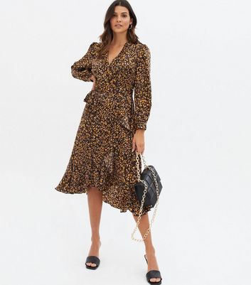 Animal Print Ruffle Midi Wrap Dress 