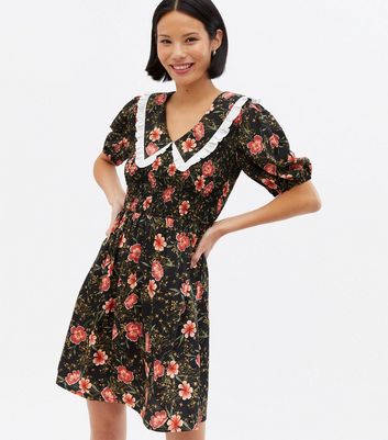 Black Floral Frill Collar Mini Tea Dress