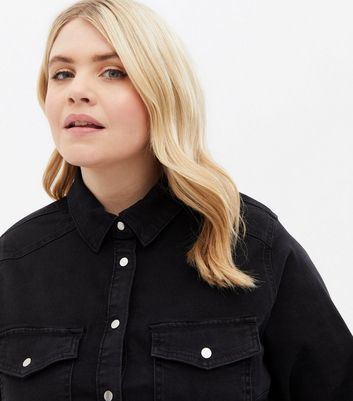 Curves Black Denim Double Pocket Long Shirt New Look