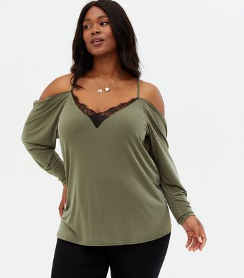 Curves Khaki Lace Trim Cold Shoulder 